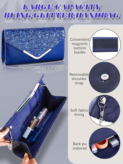 Henoyso 5 Pcs Purse Rhinestone Jewelry Set Prom Jewelry Rhinestone Clutch Purse Necklace Earrings Bracelets for Women Bride