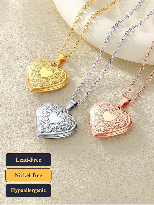 U7 Women Locket Necklace Platinum 14K Gold Photo Lockets that Hold Picture,Chain 20 Inch Personalized Gift Custom Love Heart Image Necklaces