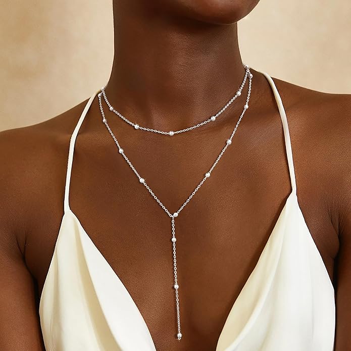 Lariat Gold Necklaces for Women Trendy Dainty Long Necklace 14k Gold Plated/Silver Layered Drop Beaded Chain Necklaces Y-shaped Pendant Necklace Simple Gold Jewelry Gifts