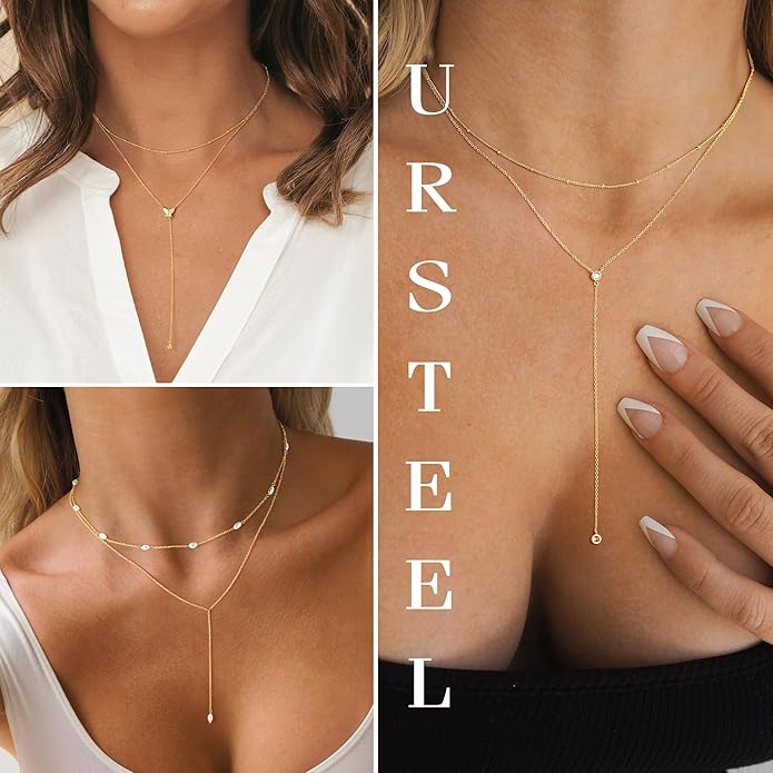 Ursteel Dainty Lariat Necklace for Women, 14K Gold Plated Y-Shaped Long Necklace Layered Drop Necklaces Pearl Cross Clover CZ Charm Necklaces for Women Christmas Jewelry Gifts Stocking Stuffers