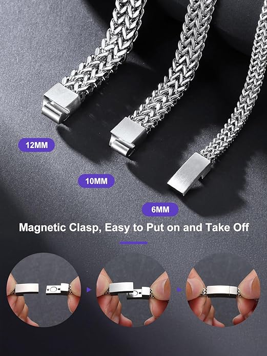 Richsteel Bracelets for Men 6mm/10mm/12mm Width Stainless Steel With Sturdy Clasp Franco Curb Chain Mens Bracelet 7.4/8.2/9 Inches Length