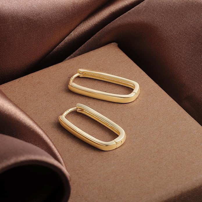 925 Sterling Silver Rectangle Hoop Earrings for Women Silver Geometric Hypoallergenic Oval Hoop Earrings 14K Gold Square Huggie Hoops Earrings for Jewelry Gifts