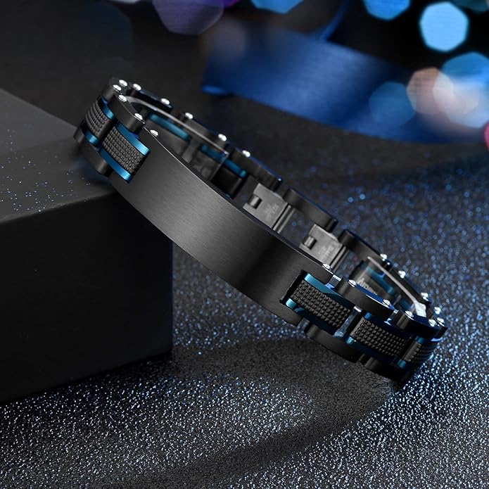 Men's initials bracelet - blue and black double spelling, men's bracelet stainless steel. Elegant and durable with gift box
