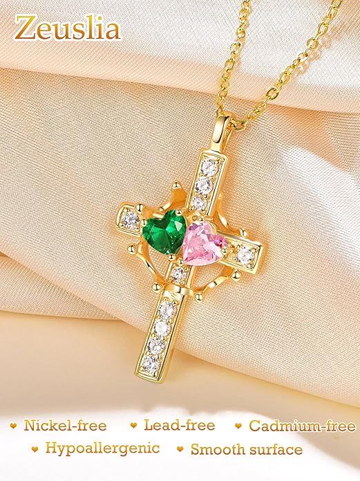 Zeuslia Double Birthstone Necklace Gifts for Wife - 925 Sterling Silver Sunflower/Rose/Crown Cross/Compass/Heart Pendant I Love You Necklace, Anniversary Birthday Gifts for Wife Girlfriend Mom Her