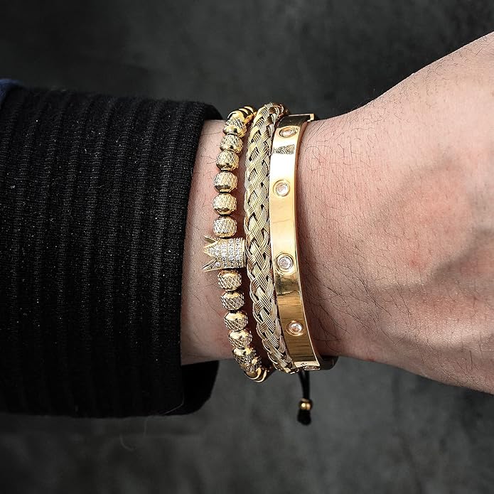 WFYOU 3PCS Stainless Steel Bracelets for Men Gold Roman Numeral Bangle Bracelet Twisted Cable Bracelet Adjustable Cuff Bracelet Mens Luxury Jewelry Bracelets Gifts
