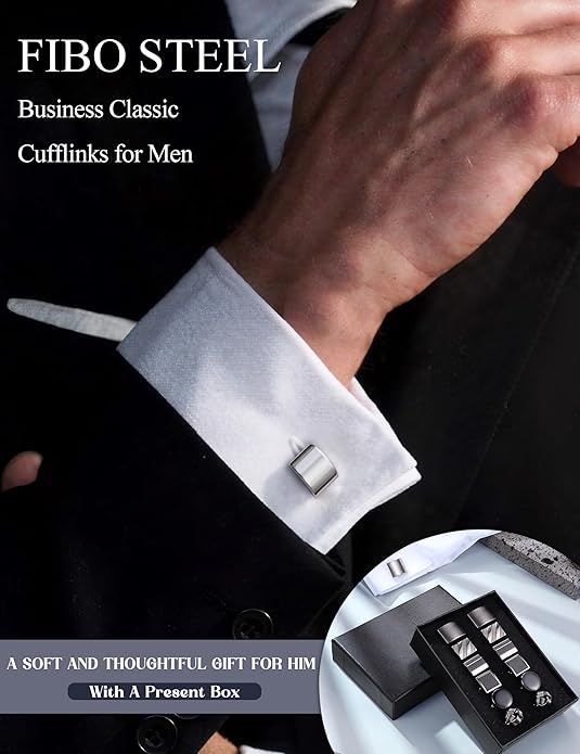 FIBO STEEL Cufflinks for Men Classic Black Cufflink Set Unique Round Square Rectangle Cuff Links for Business Shirt Formal Wedding Tuxedo Groom Suit Accessories Men Present