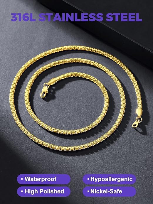 Richsteel Stainless Steel Mens Flat Link Chain Necklace, Black/Gold/Steel Chain for men, 2mm/4mm/6mm Width, No Tarnish & Hypoallergenic Hip Hop Jewelry, 18"-30" Length