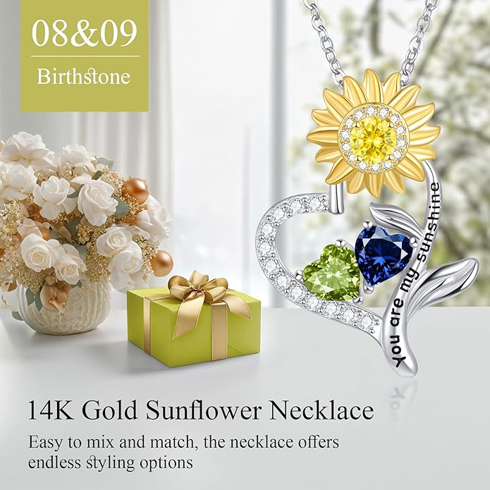 PERJI Valentine's Day Gifts for Women - 925 Sterling Silver Double Birthstone Sunflower Necklace, Anniversary Birthday Jewelry You are My Sunshine Gifts for Wife Couple Girlfriend 18"+2" Non Tarnish