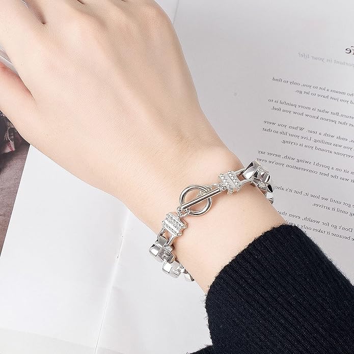 H&Beautimer Solid 925 Silver Bracelet Italian Handmade 0.35/0.4 Inch Box Chain Bracelet for Men's 7,7.5,8,8.5,9,9.5,10 Inch Hip Hop Style Jewelry