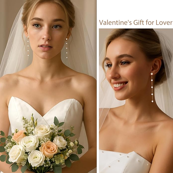 Zeffy Pearl Earrings for Women 14k Gold/Silver Pearl Drop Earrings Long White Pearl Tassel Dangle Statement Earrings Bridal Wedding Dainty Prom Earrings Birthday Gifts Jewelry