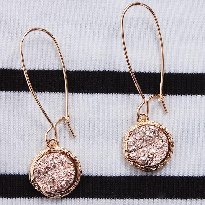 Simulated Druzy Threader Drop Earrings for Women - Gold, Silver, or Rose Gold Tone Trendy Boho Dangles with Sparkly Round Stone