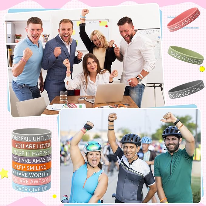 JUNEBRUSHS 64pcs Motivational Quote Silicone Bracelets Bulk Colored Inspirational Rubber Wristbands Unisex Accessories for Women Men Teens Teacher Home Office Party Favor Gifts Supplies (16 Designs)
