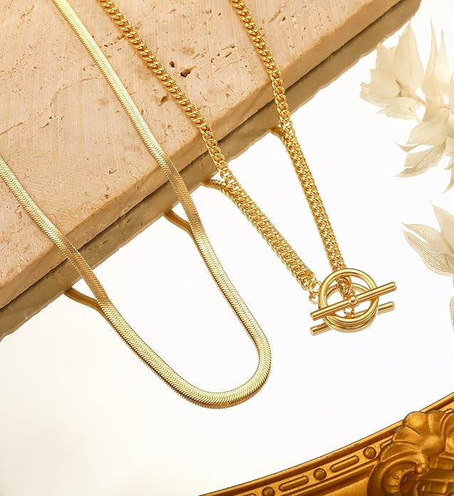 CHESKY 14K Gold Plated Layered Herringbone Necklaces for Women, Trendy Paperclip Snake Chain Necklace Cuban Link Simple Chunky Toggle Clasp Necklace Set Fashion Jewelry