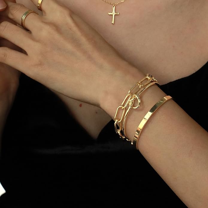 Reoxvo Gold Plated Bangle Cuff Bracelets for Women Non Tarnish Gold Bracelet Stack Jewelry Set for Women Trendy