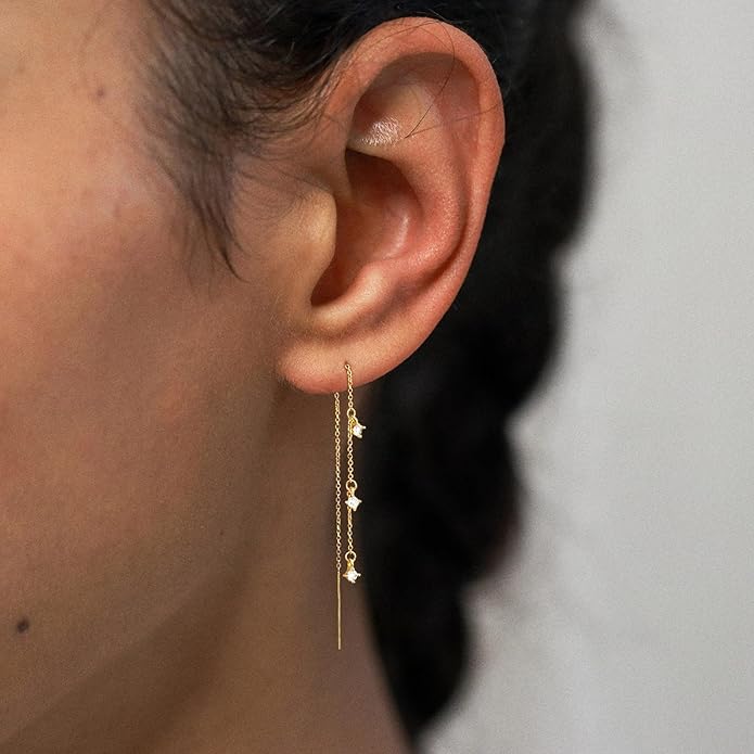 14K Gold Plated Dangle Earrings for Women - Dainty, Trendy, Hypoallergenic CZ Drop Earrings - Simple Long Dangling Jewelry