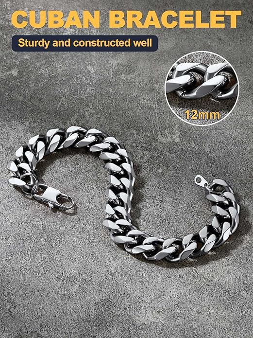 U7 Link Bracelets for Men, Cuban Link/Rope/Watch Band Solid Bracelet, Silver Black Gold Color Wrist Bracelet 3/6/9/12/15mm Width, 6.5/7.5/8.3 Inch Length, Hand Chain Jewelry for Mens Women