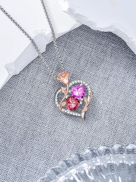 Christmas Gifts for Women Rose Heart Birthstone Pendant Necklace I Love You Forever Jewelry Valentine Mothers Day Birthday Gifts for Women Her Wife Girlfriend