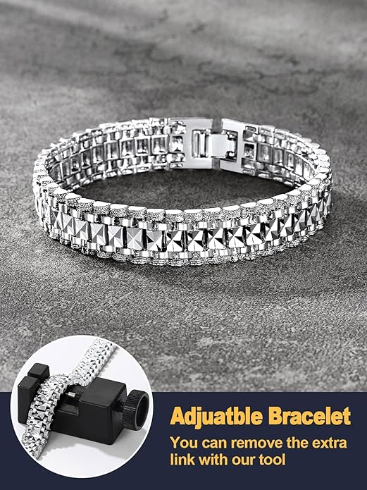 U7 Link Bracelets for Men, Cuban Link/Rope/Watch Band Solid Bracelet, Silver Black Gold Color Wrist Bracelet 3/6/9/12/15mm Width, 6.5/7.5/8.3 Inch Length, Hand Chain Jewelry for Mens Women