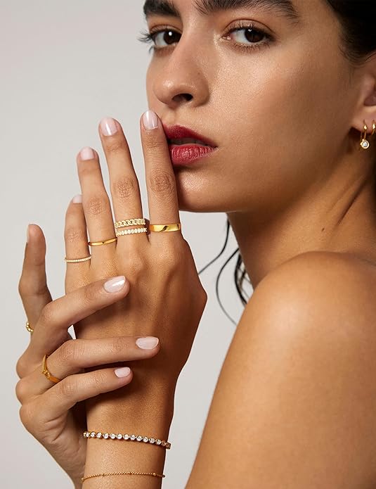 Stackable Gold Rings for Women Non Tarnish Wedding 14K Gold Plated Stacking Cubic Zirconia Thumb Ring Set Stack Engagement Eternity Dainty Bands Pinky Statement Promise Gold Jewelry Size 6-10