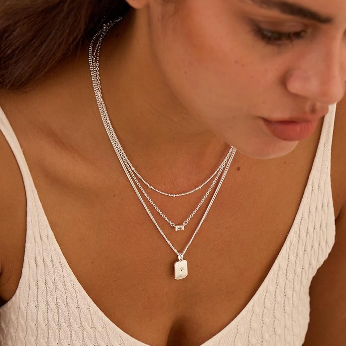 Layered Silver Necklace for Women Trendy Silver Plated Dainty Stackable Necklace Set Cuban Paperclip Herringbone Link Chain Coin/Cross/diamond/Mobius Pendant Necklaces Fashion Accessories Jewelry Gift