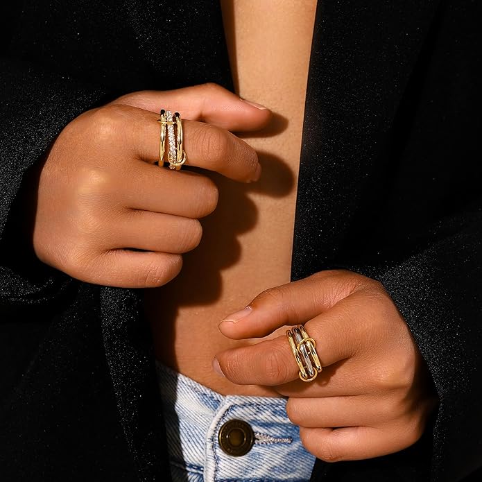 Canboer 14K Gold Plated Interlocked Stackable Rings for Women Non Tarnish,Gold and Silver Cubic Zirconia Statement Rings Set,Mixed Metals Ring Two-Toned Connected Bands Stacking Jewelry