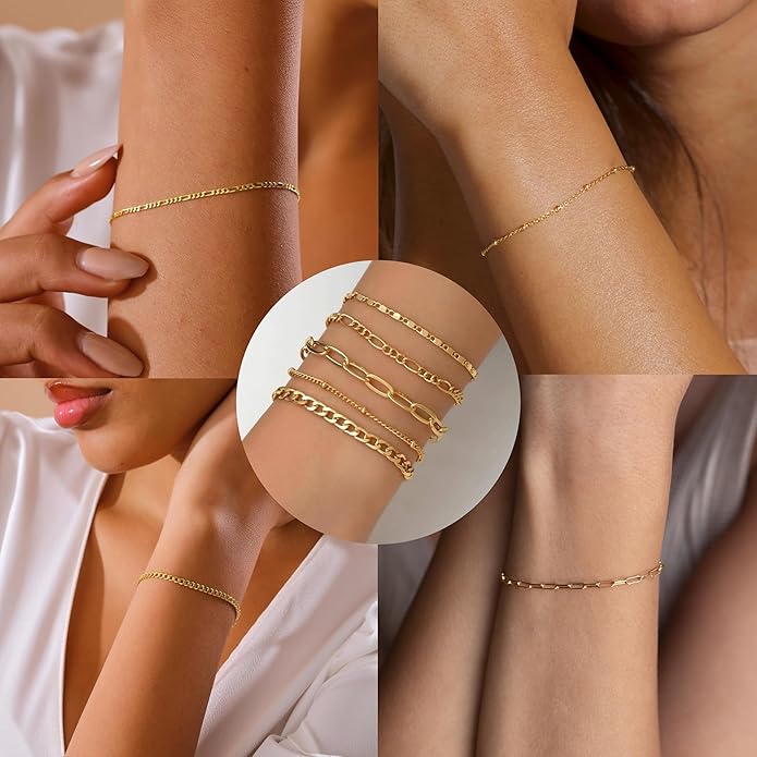 Gold Bracelets for Women Trendy,14K Gold Plated Dainty Stackable Paperclip Cuban Link Chain Bracelets, Simple Cute Cuff Bracelets Jewelry Set Adjustable 7"+2"