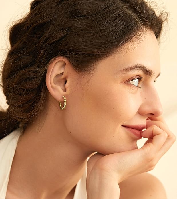 AllenCOCO Gold Hoop Earrings for Women, 18K Gold Plated Twisted Rope Design, Textured Thin Round Hoops with Sterling Silver Post Hypoallergenic 20-70mm