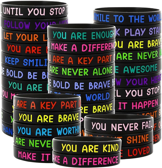 JUNEBRUSHS 64pcs Motivational Silicone Bracelets Bulk Black Colored Inspirational Rubber Wristbands for Student Teacher Back To School Gifts Classroom Reward Birthday Party Favor (16 Designs)