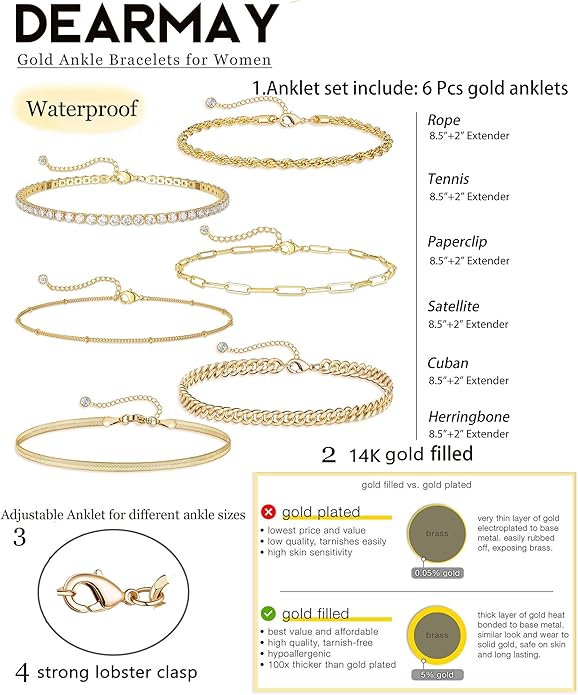 DEARMAY 14K Gold Plated Ankle Bracelets for Women Waterproof - Dainty 6Pcs Anklets Layered Cuban Link Chain Herringbone Cute Anklets Set Pack Summer Beach Jewelry Gift for Women Teen