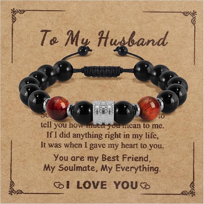 Hamoery Bracelets for Men Natural Tiger Eye Stone Beads Braided Rope Bracelet Gift for Dad Husband