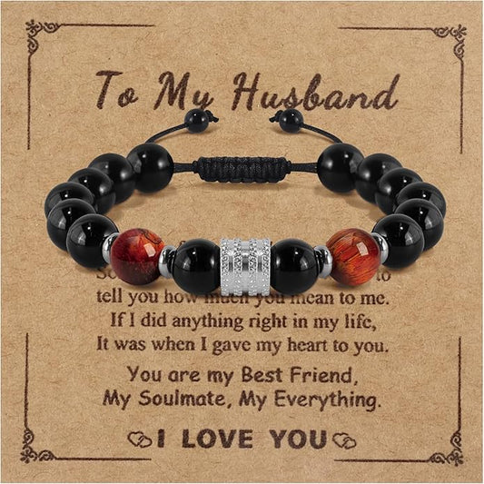 Hamoery Bracelets for Men Natural Tiger Eye Stone Beads Braided Rope Bracelet Gift for Dad Husband