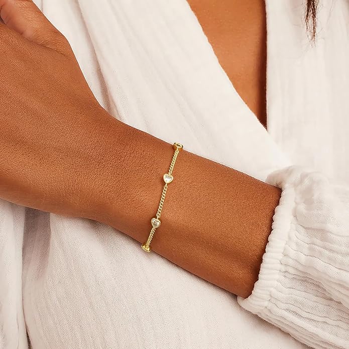 Gold Bracelets for Women,14K Dainty Gold Plated Bracelets Non Tarnish Waterproof Diamond Bracelets Heart Flower Round Square CZ Charm Bracelet Trendy Stuff Jewelry Gifts for Her