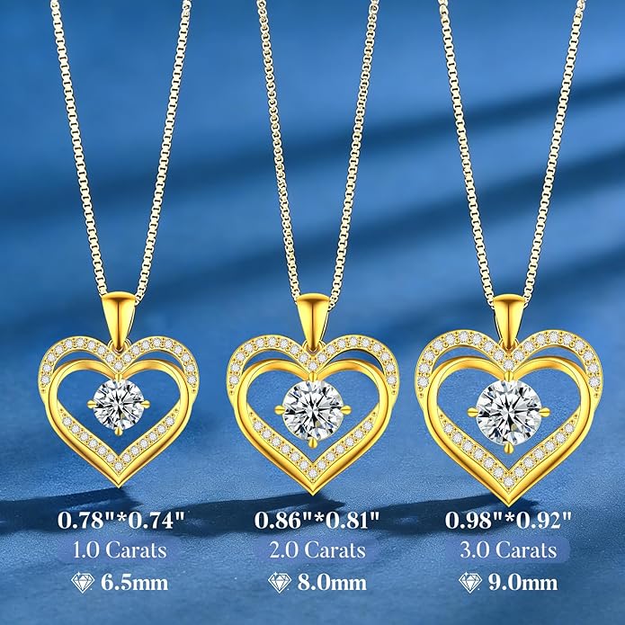 Moissanite Necklace for Women, 1–3 Carat Double Heart Pendant in 925 Sterling Silver, Romantic Love Necklace Gift for Wife or Mom, Anniversary Birthday Mother’s Day Jewelry