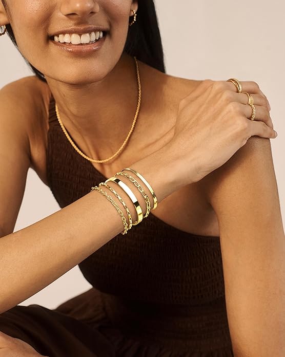 Gold Bracelets for Women Non Tainish,Dainty Bracelets Stack for Women Trendy, Gold Plated Cuff Bracelets Stack With Beaded Cuban Paperclip Snake Rope Bangle Hand Chain Jewelry Gifts for Women