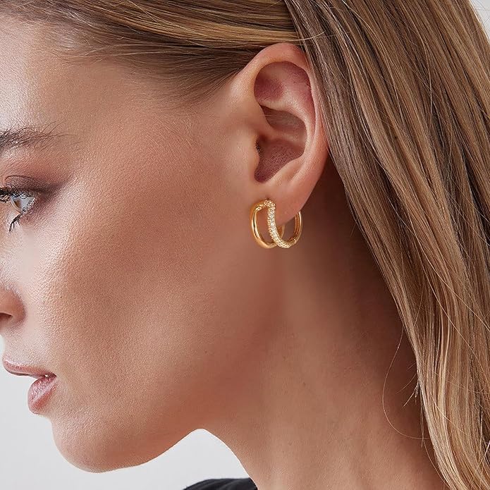 Gold Huggie Hoop Earrings 14K Gold Plated Dainty Chunky Thick Hoop Diamond Cubic Zriconia Inlay Sleeper Tiny Delicate Boho Beach Simple Hypoallergenic Jewelry Gift for Her