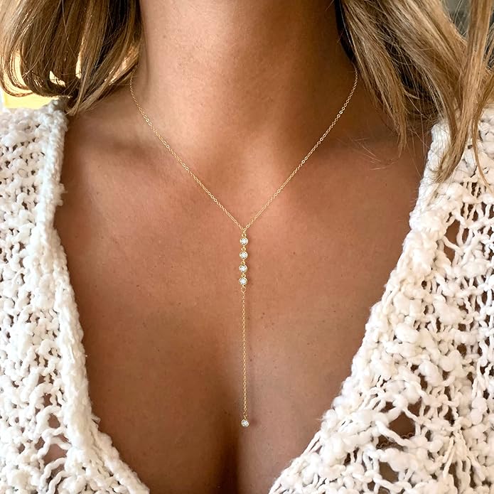 Foxgirl Lariat Gold Necklace for Women, Dainty Long Necklace 14k Gold Plated/Silver Y-Shaped Pendant Necklace Trendy Layered Cz Beaded Chain Drop Necklaces Simple Gold Jewelry For Women Gift