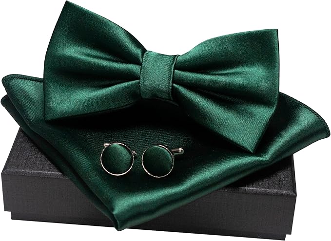 JEMYGINS Solid Color mens Pre-tied Bow Tie and Pocket Square Cufflinks Sets with Gift Box