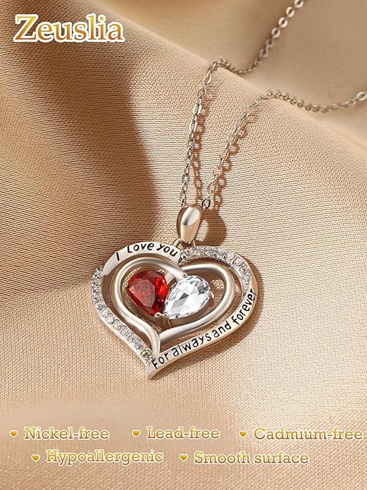 Zeuslia Double Birthstone Necklace Gifts for Wife - 925 Sterling Silver Sunflower/Rose/Crown Cross/Compass/Heart Pendant I Love You Necklace, Anniversary Birthday Gifts for Wife Girlfriend Mom Her