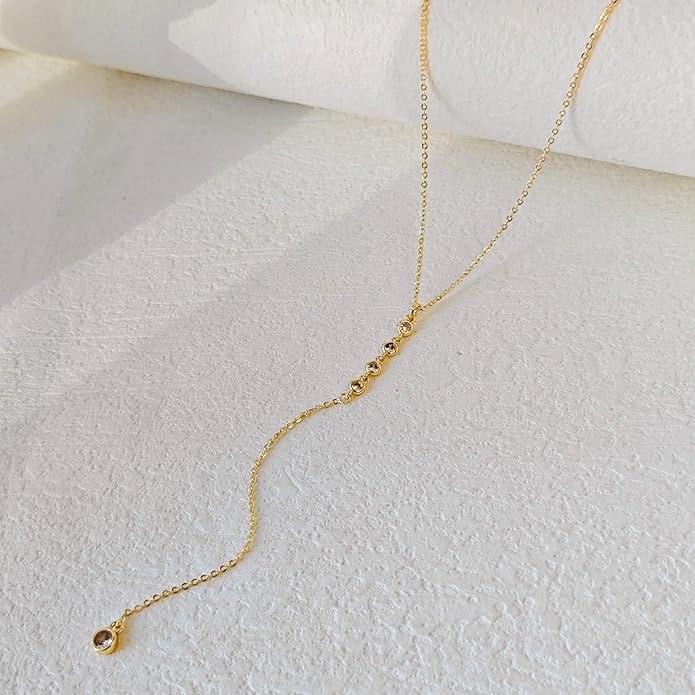 Luxval Lariat Gold Necklace for Women, Dainty Long Necklace 14k Gold Plated/Silver Y-Shaped Pendant Necklaces Trendy Beaded Chain Drop Necklaces Jewelry for Women Gifts