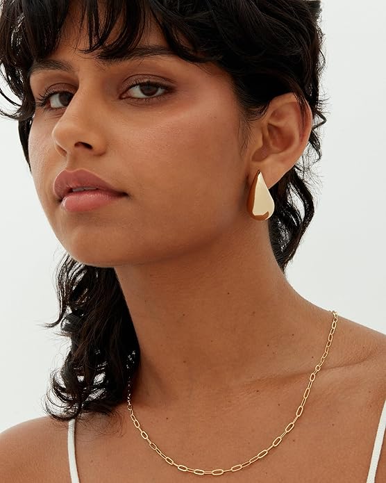 PAVOI 14K Gold Plated 925 Sterling Silver Post Teardrop Chunky Hoop Earrings - Lightweight Drop Earrings for Women - Designer Dupe