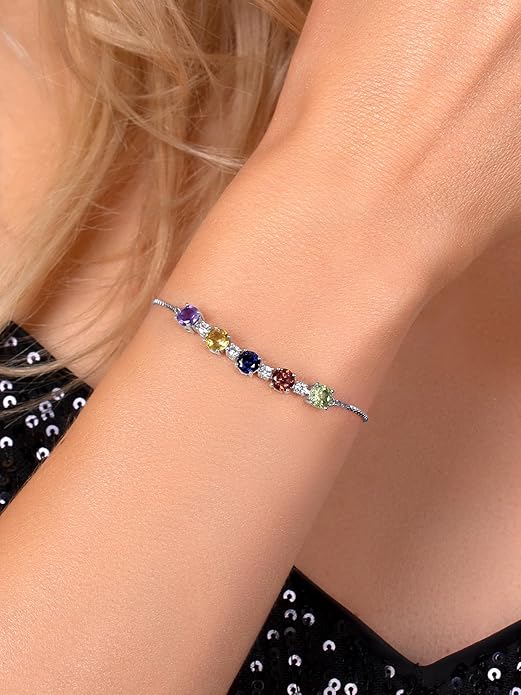 Gem Stone King 925 Sterling Silver Customized and Personalized Round Gemstone Birthstone Tennis Bracelet For Women | Adjustable Bolo Bracelet For Women | Easy-On Easy-Off