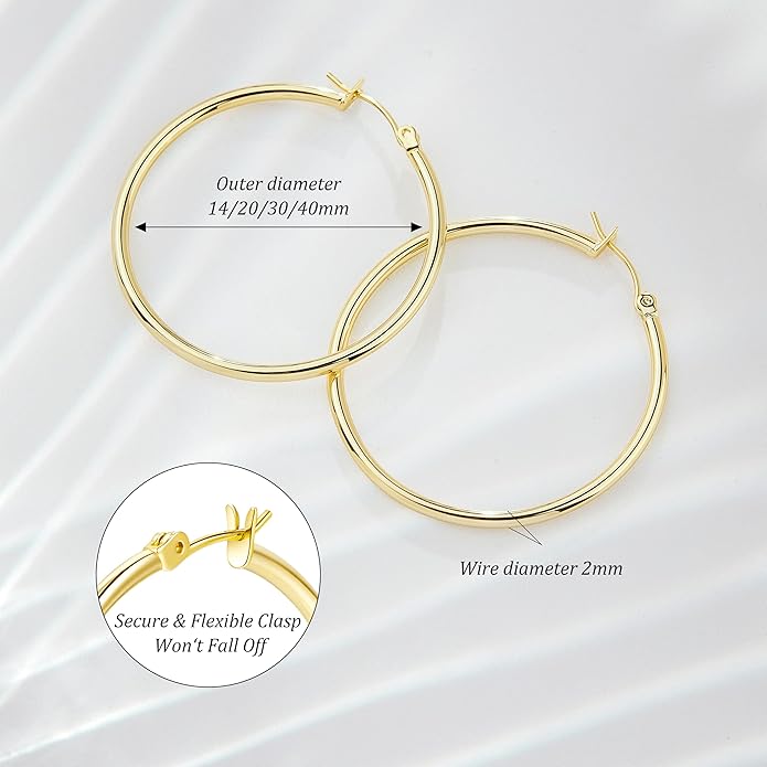 Gold Hoop Earrings Set for Women,14k Gold Plated Gold Hoops with Sterling Silver Post Hypoallergenic Thin Hoop Gold Earrings for Girls Trendy Jewelry Gifts