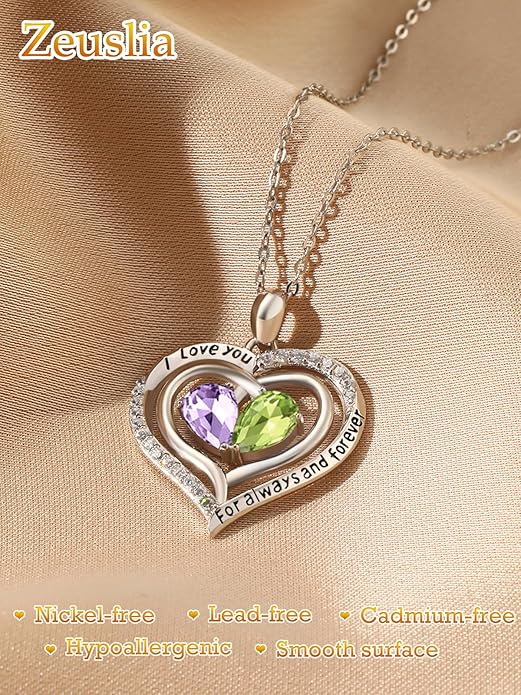 Zeuslia Double Birthstone Necklace Gifts for Wife - 925 Sterling Silver Sunflower/Rose/Crown Cross/Compass/Heart Pendant I Love You Necklace, Anniversary Birthday Gifts for Wife Girlfriend Mom Her