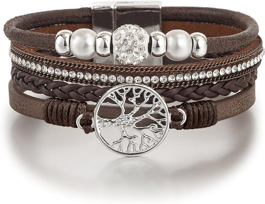 Edoneery Leather Wrap Bracelet for Women, Boho Handmade Multi-Layer Cuff with Crystal Beads Heart, Stackable Bangle Western Jewelry Gift