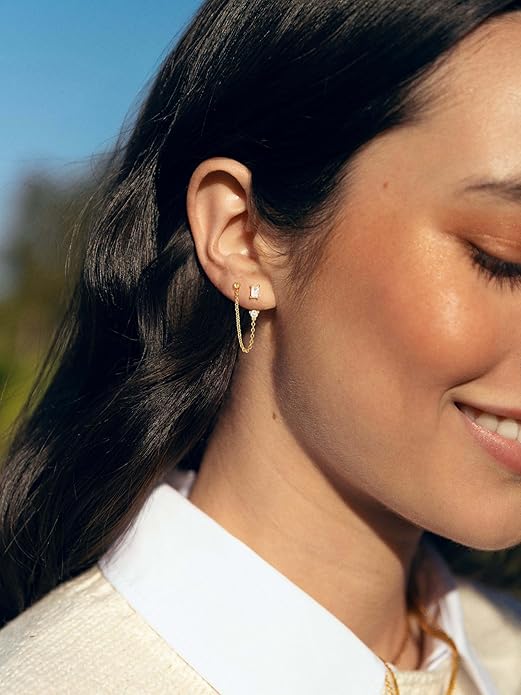 Freekiss Gold Chain Studs Earrings for Women Trendy: Hypoallergenic 14K Gold Plated Dangle Earrings Dainty Small Long Chain Earring Set Fashion Gold Jewelry for Women