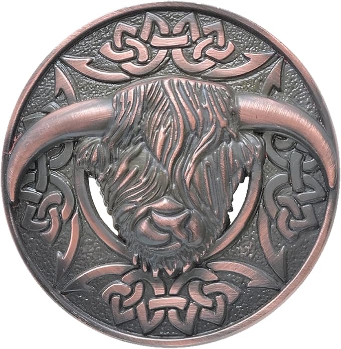 Highland Cow Kilt Brooch with Celtic Knot - Traditional Scottish Helian Coo Plaid Brooches for Men – Handcrafted Tartan Sash Pin, Luxurious Accessory for Women’s Dress