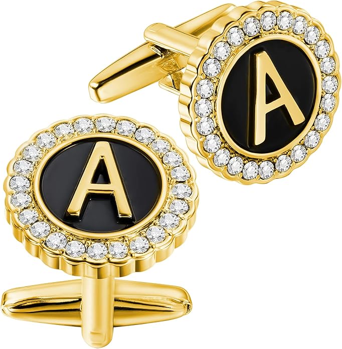 HAWSON A-Z Initial Cufflinks for Men and Women with Clear Crystal, Gold Silver Color Rasied Letter A-Z Cuff Links for French Shirt, Gift for Normal and Business Wearing