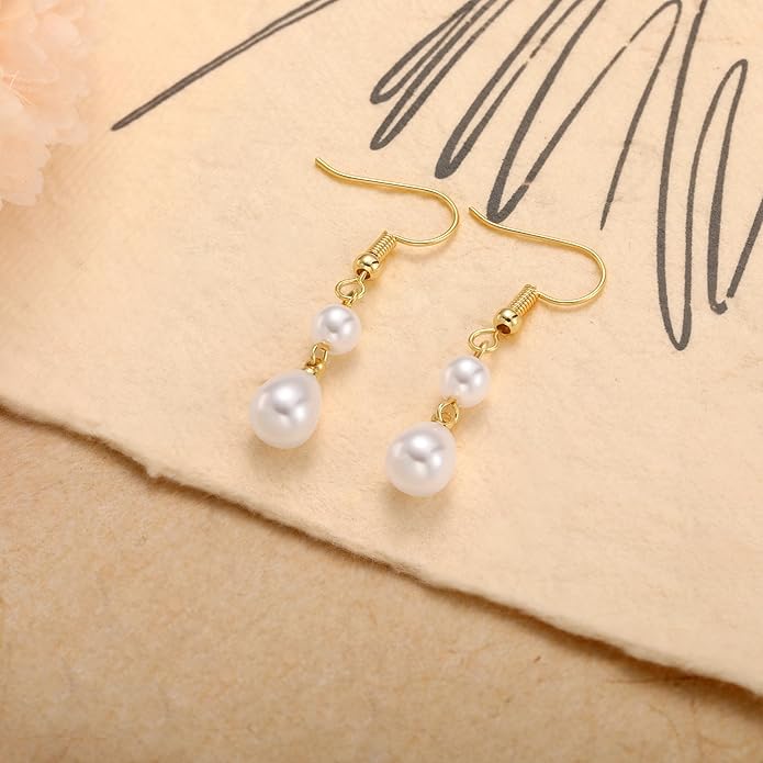 14K Gold Plated Pearl Dangle Earrings for Women, Small Pearl Drop Huggie Hoop Earrings, Hypoallergenic Dainty Gold Wedding Earrings Jewelry Gifts for Women Trendy