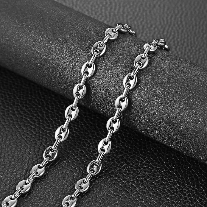 HZMAN Stainless Steel Necklace for Men Hip Hop Polished Coffee Bean Silver Men's Chain Necklace Jewelry Gift