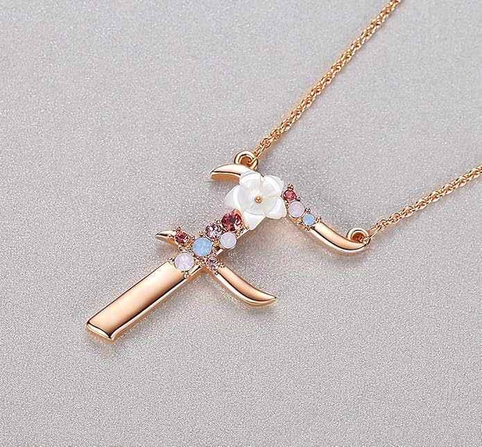 Flower Initial Letter Necklace Pink Red Blue Simulated Pearl Pendant Name Jewelry Made with Austrian Crystals Rose Gold Plated Anniversary Birthday Gifts for Women,18"+2"